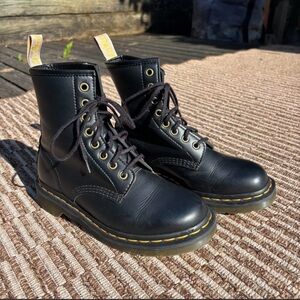 Dr. Martens Black Leather Lace-Up Combat Boots with Yellow Stitching